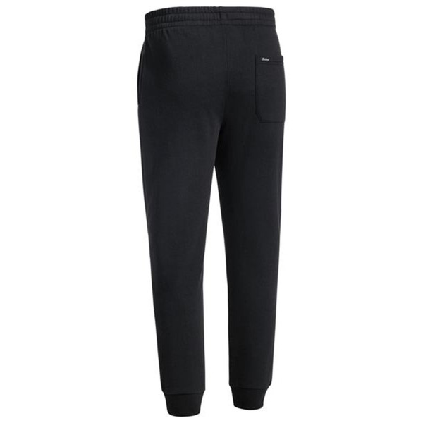Black fleece track pants with elasticated waistband, cuffed ankles and back pocket detail