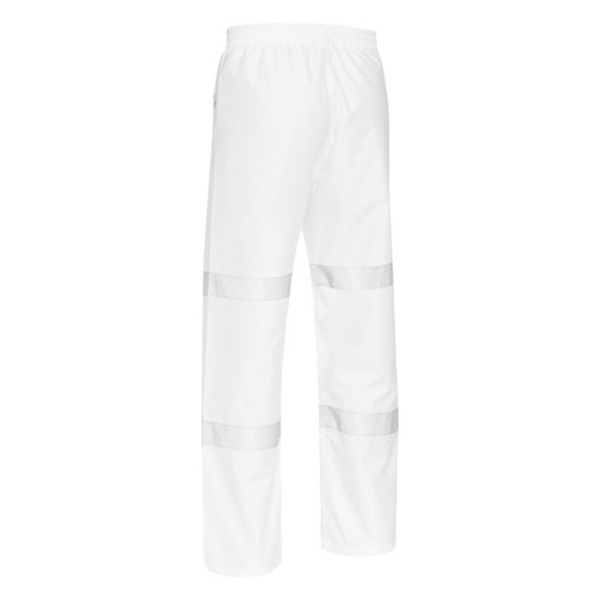 White waterproof rain pants with grey reflective tape strips at knees and shins