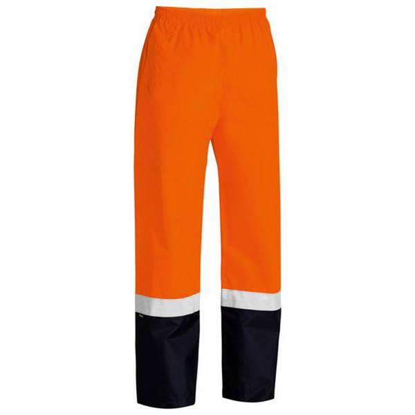 Hi-vis orange rain pants with reflective tape and navy lower legs featuring elastic waist