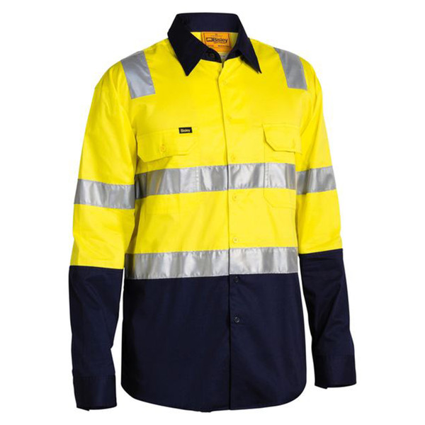 Hi-vis work shirt in safety yellow and navy with silver reflective tape across chest, shoulders and sleeves