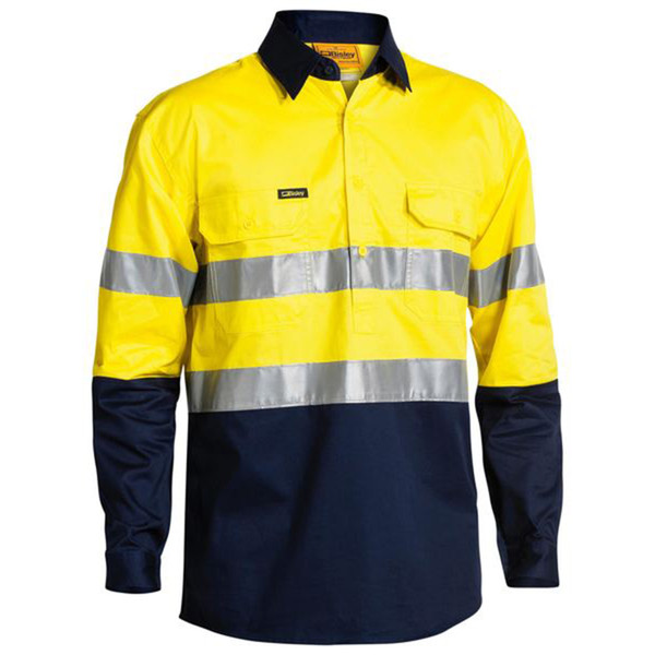 Hi-vis shirt in yellow and navy with reflective tape, chest pockets, and contrasting navy collar and sleeves