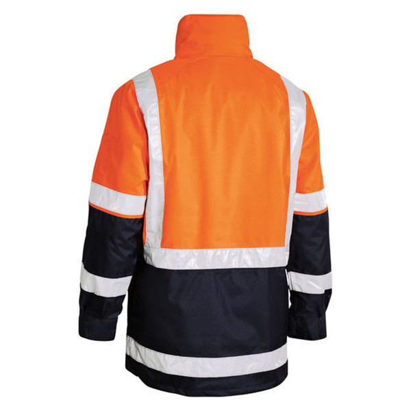 Hi-vis orange and navy jacket with silver reflective tape on shoulders, arms and waist, back view