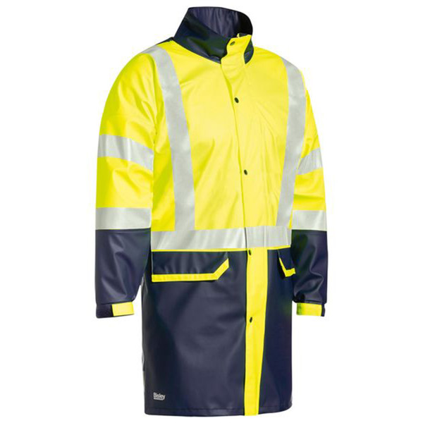 Hi-vis yellow and navy rain coat with silver reflective tape and contrast collar