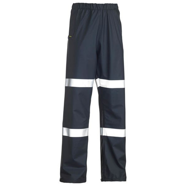 Navy blue rain pants with twin silver reflective tape bands around each leg and elasticated waist
