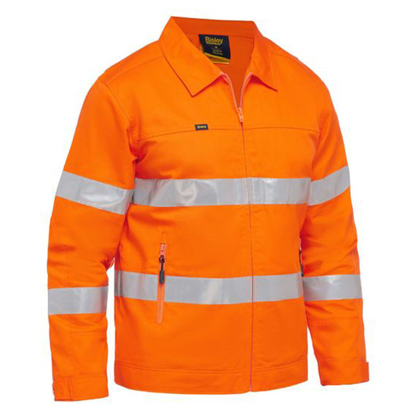 High visibility orange drill jacket with silver reflective tape bands across chest and arms, front zipper closure and chest pocket