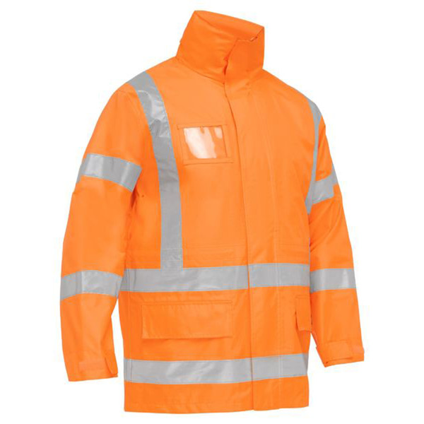 Fluoro orange hi-vis rain jacket with silver reflective tape in H-pattern and chest pockets