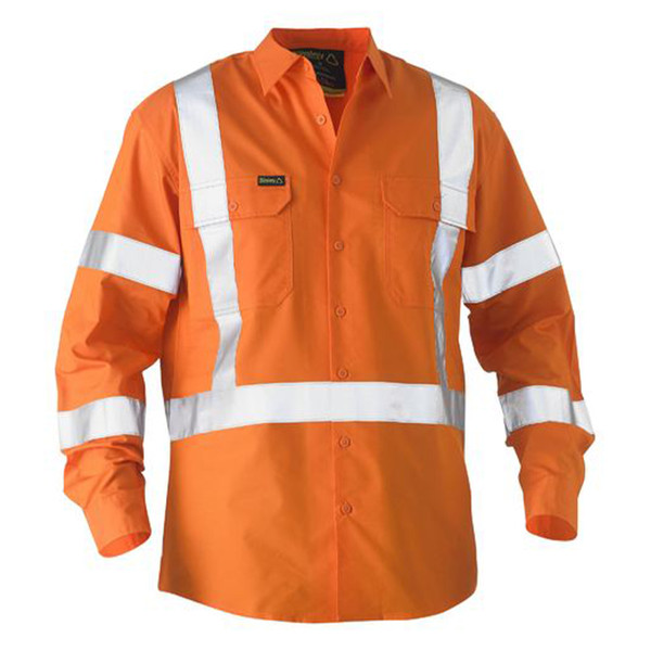 Orange hi-vis work shirt with silver reflective tape on shoulders, chest, and sleeves featuring button front closure and chest pockets