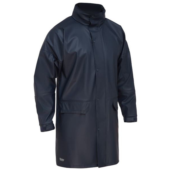 Navy blue waterproof rain coat with high collar, front storm flap, and large patch pockets