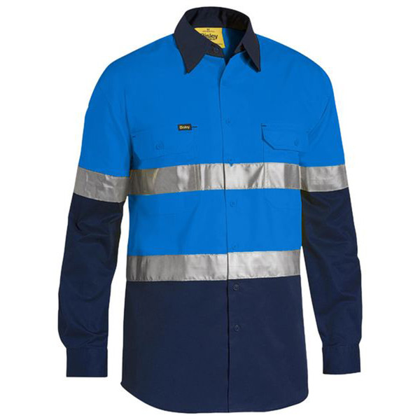 Royal blue and navy hi-vis work shirt with silver reflective tape and chest pocket