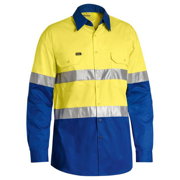 Hi-vis work shirt in yellow and royal blue with reflective tape and chest pockets