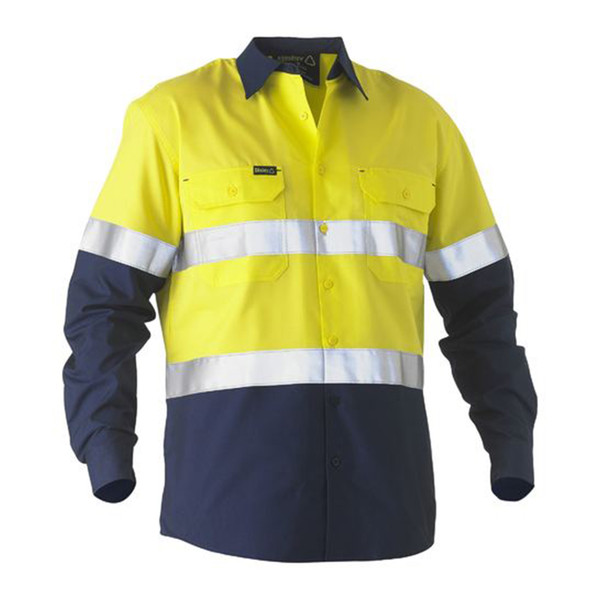 Hi vis work shirt in safety yellow and navy with silver reflective tape and chest pockets
