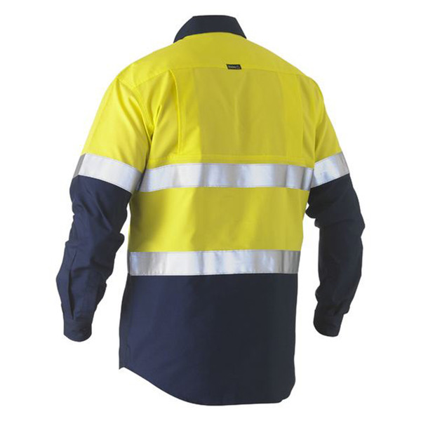 Back view of yellow and navy hi vis drill shirt with two horizontal silver reflective tape bands and long sleeves