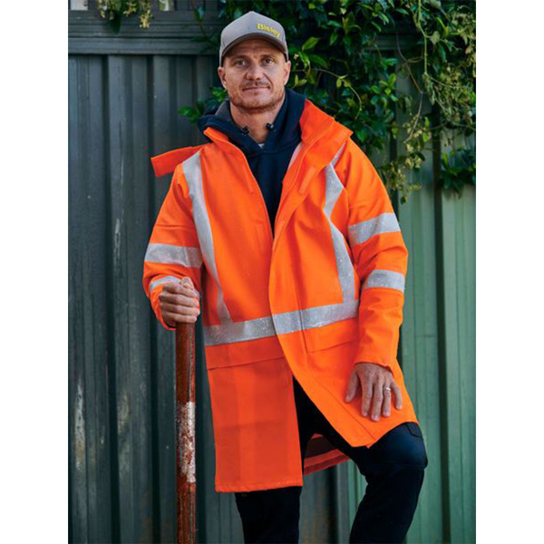 Fluorescent orange hi-vis storm jacket with silver reflective X-back tape and horizontal arm bands