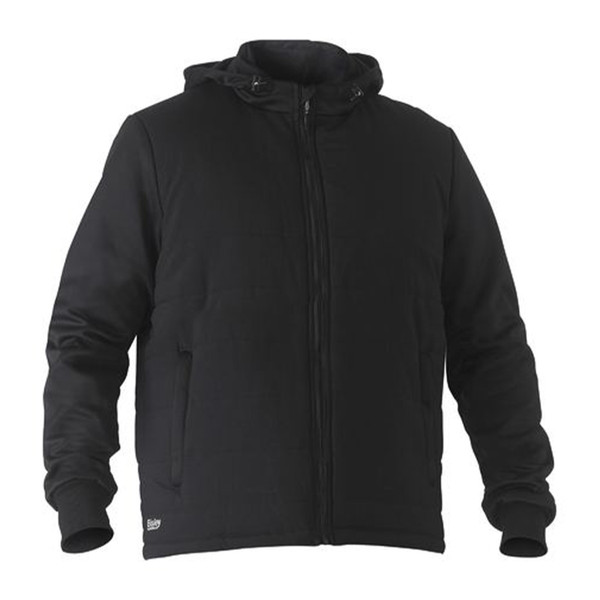 Black hooded puffer jacket with full front zipper and fleece construction featuring ribbed cuffs and hem