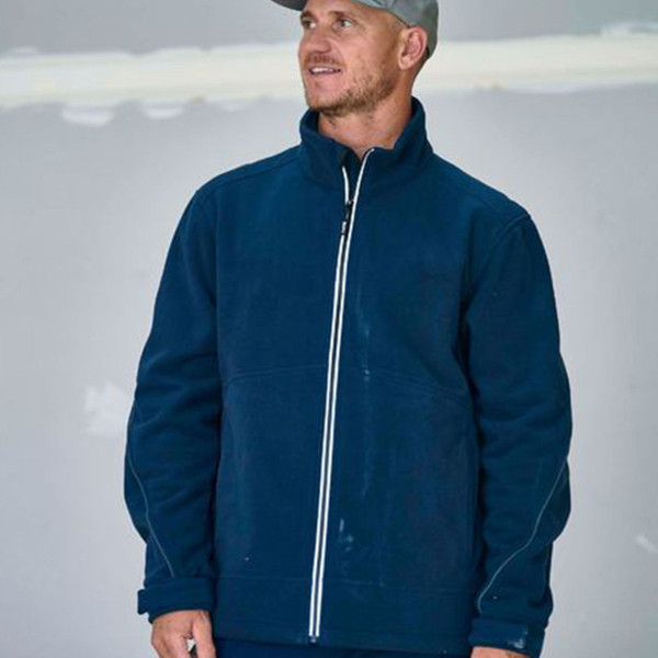 Navy bonded micro fleece jacket with white contrast zipper and high collar