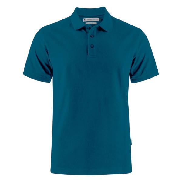 Deep teal polo shirt with collar and button placket, smooth cotton construction with short sleeves