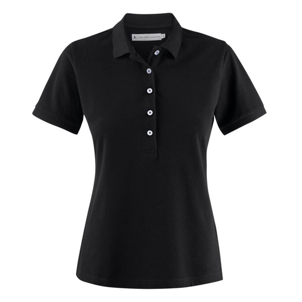 Black women's polo shirt with white contrast buttons and collar, short sleeves in stretch cotton fabric