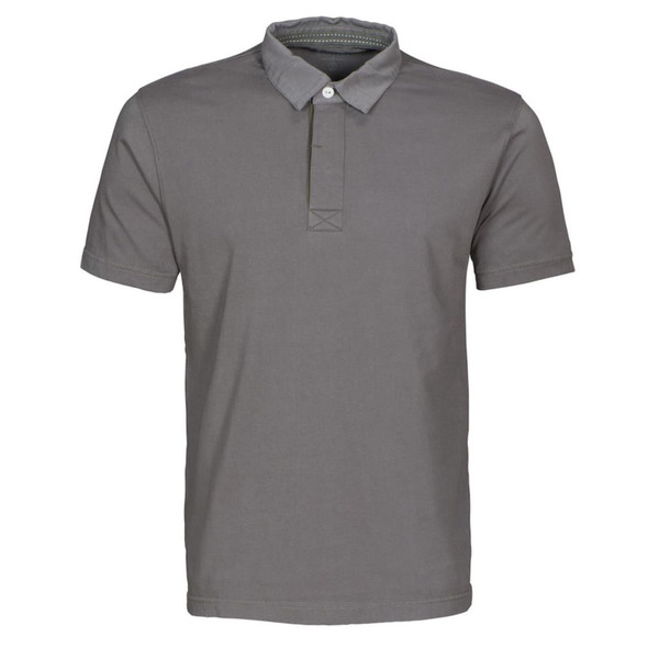 Charcoal grey men's polo shirt with woven collar, button placket, and tonal chest label detail