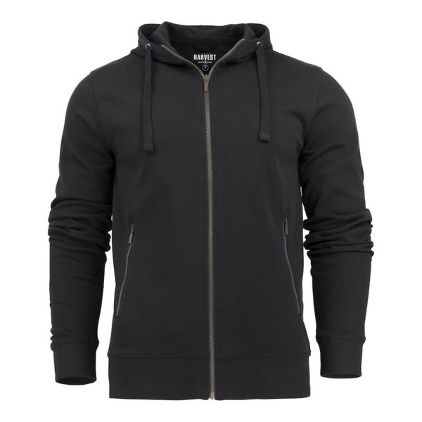 Charcoal grey full-zip hooded jacket with drawstring hood, front zip pockets, and ribbed cuffs