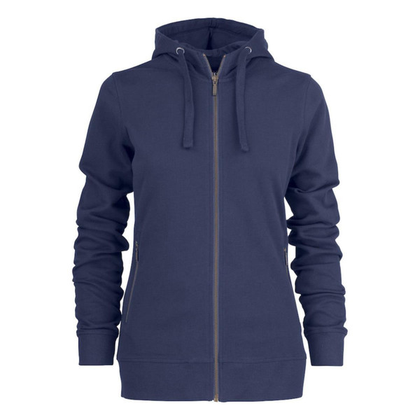 Navy blue women's full-zip fleece hoodie with drawstring hood and side zip pockets