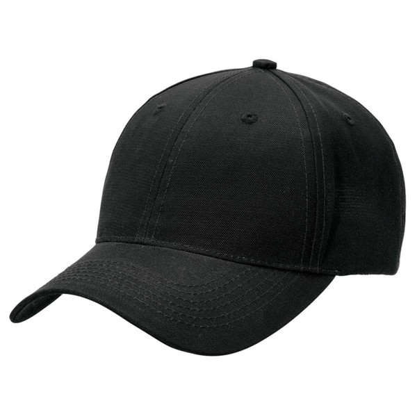 Black polycotton six-panel cap with structured crown and curved brim ideal for embroidery decoration