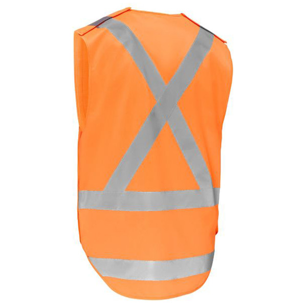 Fluorescent orange safety vest with silver reflective X-back tape and horizontal stripes on rear view