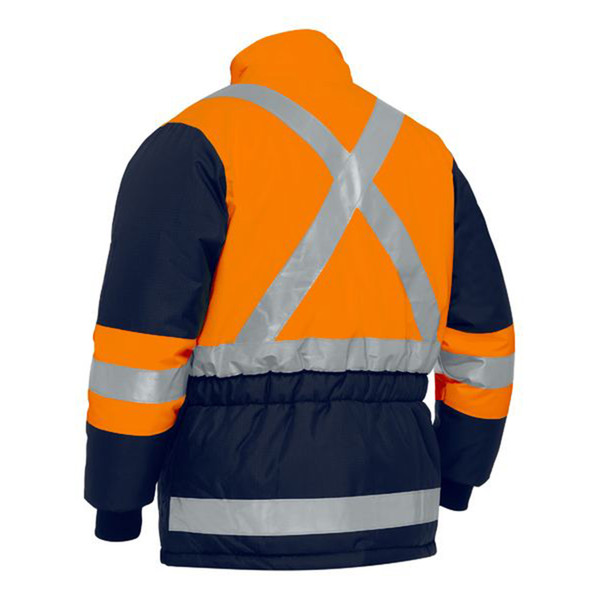 Orange and navy hi vis freezer jacket rear view showing X-tape reflective cross, waist band tape, and ribbed cuffs