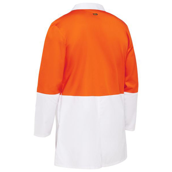 High visibility orange and white two-tone long sleeve dust coat with colour-blocked design