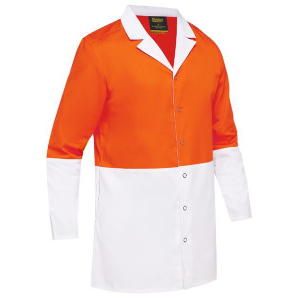 Hi-vis orange and white two-tone dust coat with contrast collar and snap button front closure
