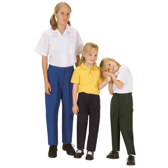 Three girls wearing gaberdine school slacks in royal blue, charcoal, and bottle green with pleated fronts