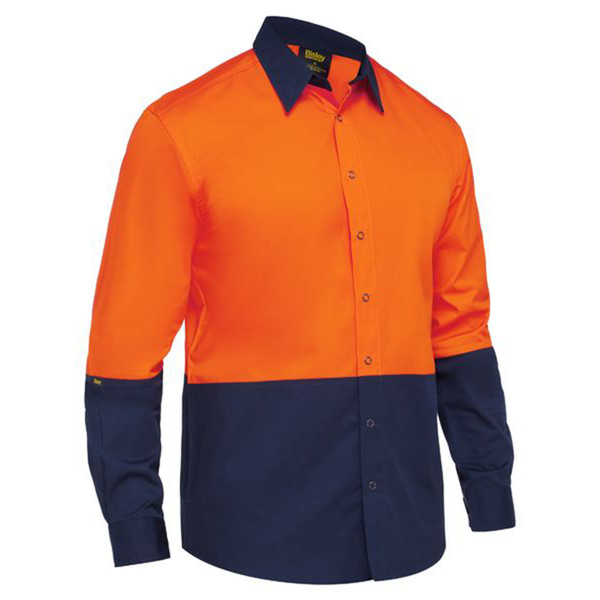 Hi-vis orange and navy two-tone work shirt with colour-blocked design and contrast collar