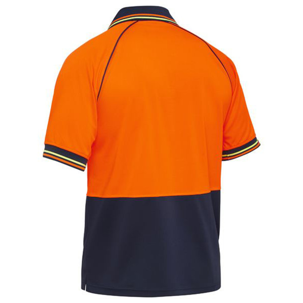 Hi-vis orange and navy polo shirt with contrast collar and striped sleeve cuffs, rear view showing colour block panels