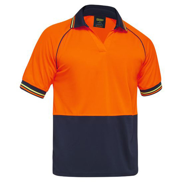 High visibility orange and navy polo shirt with contrast collar and sleeve trim