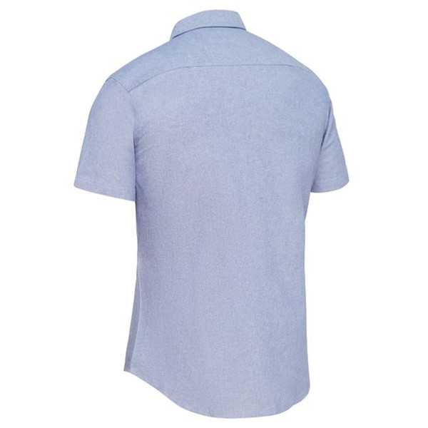 Light blue chambray short sleeve shirt with collar shown from back angle