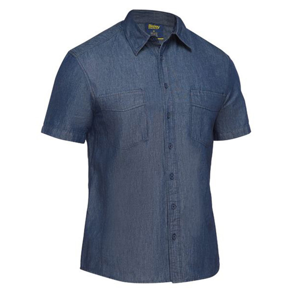 Indigo denim men's short sleeve work shirt with point collar, button front, and twin chest pockets