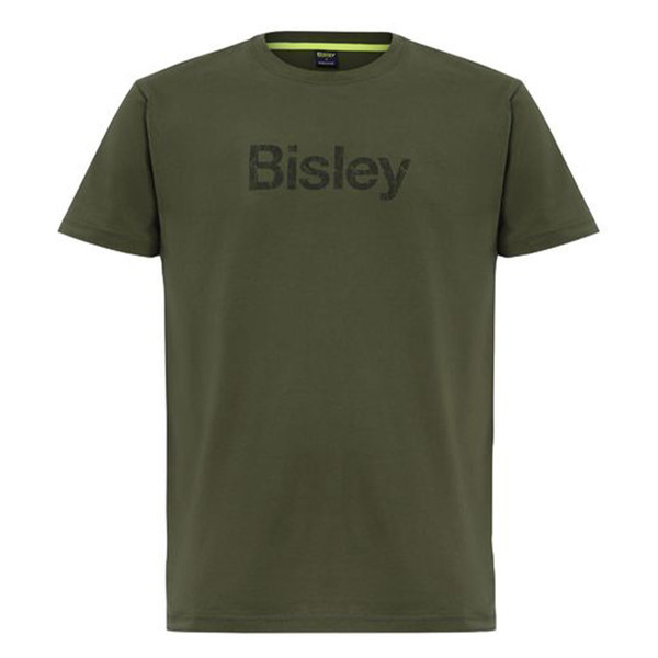 Army green crew neck cotton tee with tone-on-tone chest logo print, flat lay packshot