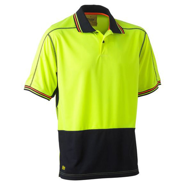 High visibility safety polo with fluorescent yellow upper body, black lower panel, and contrast collar with striped trim