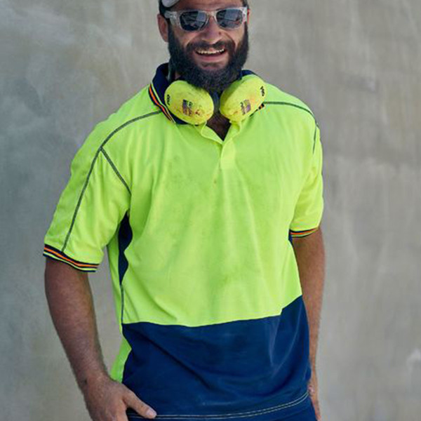 High visibility yellow and navy blue polo shirt with contrast side panels and reflective piping detail