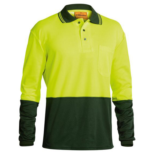 Hi vis long sleeve polo, yellow upper and bottle green lower panels, three-button placket and chest pocket