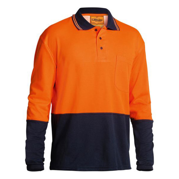 Orange and navy two-tone hi vis long sleeve polo with ribbed collar, three-button placket and chest pocket