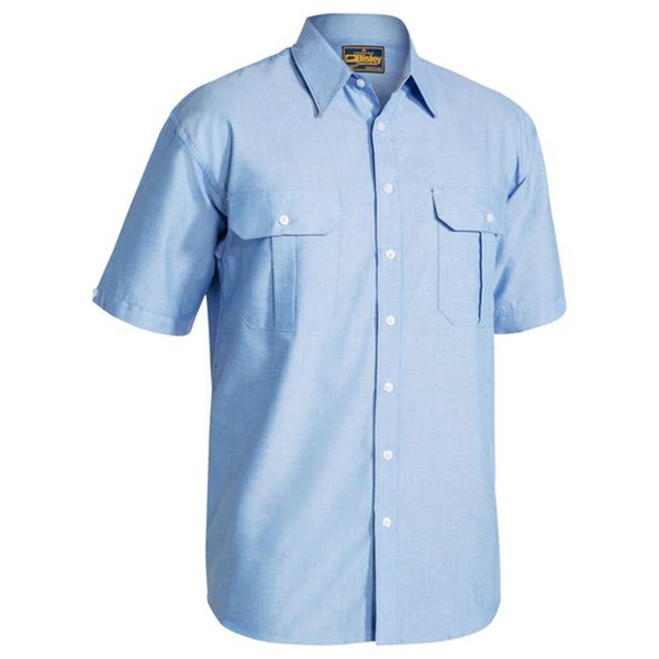 Sky blue oxford short sleeve work shirt with dual chest pockets and white button placket
