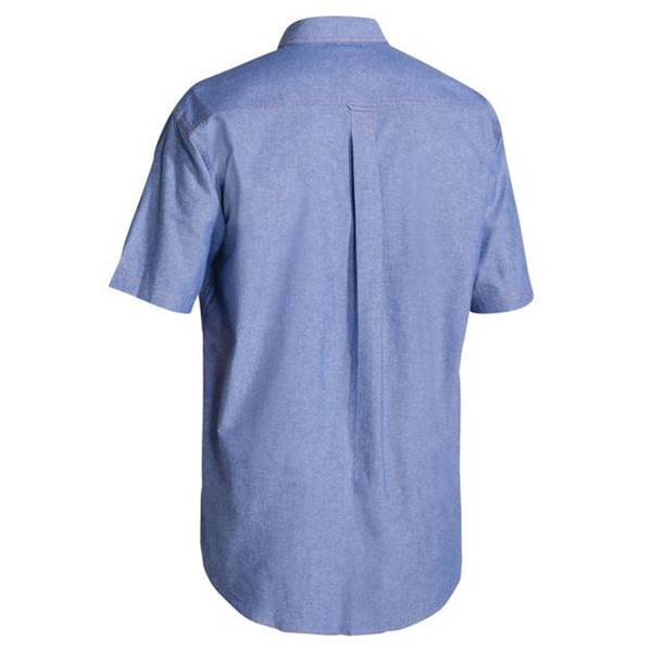 Light blue chambray short sleeve shirt back view with centre box pleat and collar