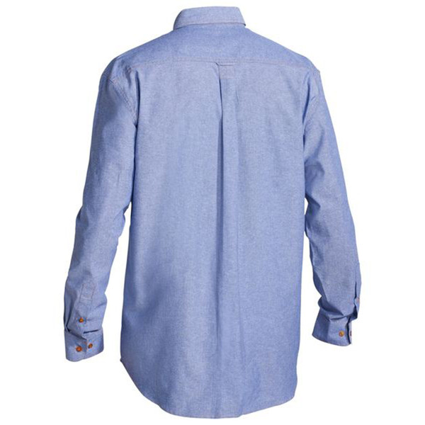 Light blue chambray long sleeve shirt with button cuffs and back centre pleat, rear view