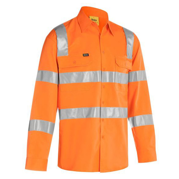 Orange high visibility work shirt with silver reflective tape on torso and sleeves, chest pocket with pen slot
