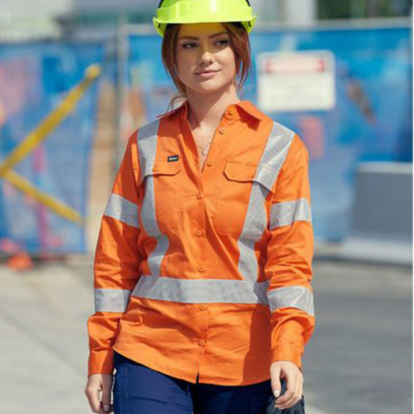 Orange hi-vis drill shirt with silver reflective tape in H-pattern across shoulders and torso, long sleeves with chest pockets