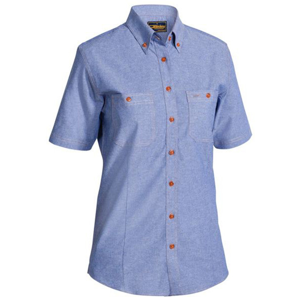 Women's chambray short sleeve shirt in blue with orange buttons, dual chest pockets and button-down collar