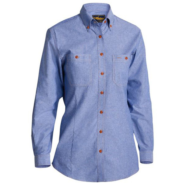 Sky blue chambray long sleeve shirt with button-down collar and contrast orange buttons