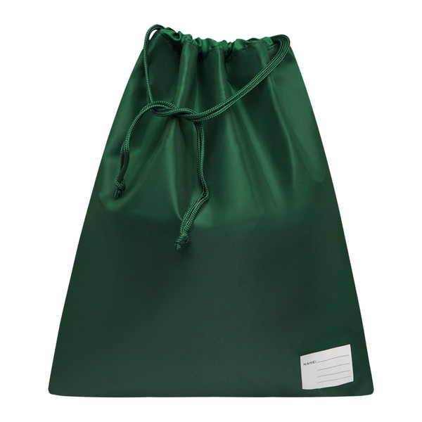Bottle green drawstring bag with matching cord closure and white name label on lower front