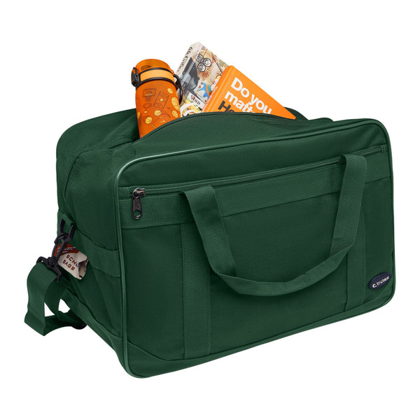 Forest green nylon carry bag with front zip pocket, padded handles and adjustable shoulder strap