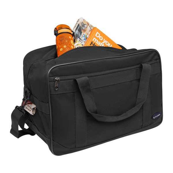 Black nylon waterproof carry bag with front zippered pocket, padded handles and adjustable shoulder strap